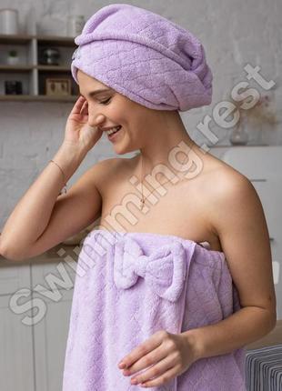 Набір жіночий рушник-халат, чалма мікрофібра для сауни лазні 140х80 см косічка салатовий4 фото