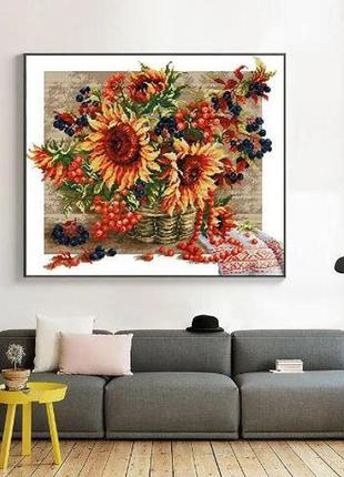 Набор для вышивания по нанесённой на канву схеме "sunflower berry flower basket". aida 14ct printed 47*42 см9 фото