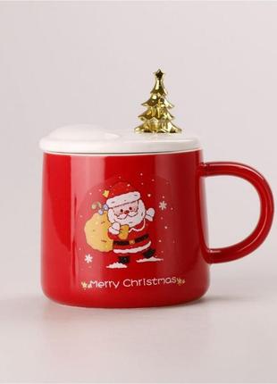 Керамічна чашка 500 мл merry christmas з кришкою і ложкою червоний1 фото