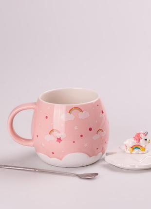 Чашка керамічна rainbow ceramic mug 400ml pink з кришкою і ложкою кухоль для чаю з кришкою3 фото
