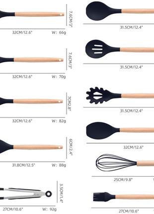 Набор кухонных принадлежностей на подставке 19 штук кухонные аксессуары из силикона с бамбуковой ручкой черный3 фото
