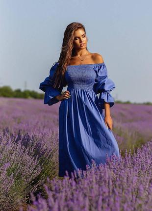 Женское летнее льняное платье с длинным рукавом на резинке размер универсальный 42-4610 фото