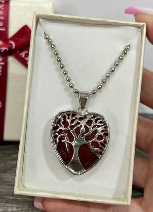 Натуральный камень сердолик в оправе "древо жизни в сердце" на цепочке - подарок девушке в коробочке