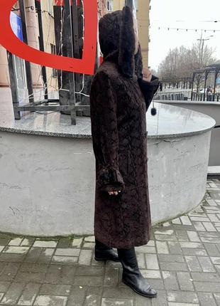 Плащ пальто жіноче шкіряне натуральне коричневе з капюшоном і хутром норки5 фото