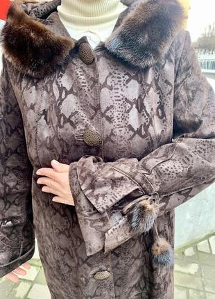 Плащ пальто жіноче шкіряне натуральне коричневе з капюшоном і хутром норки9 фото