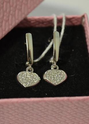 Срібні сережки сердечка з фіанітами родоване срібло 925 проба2 фото