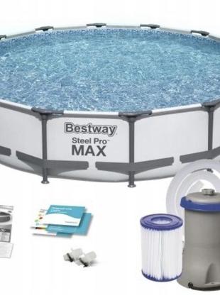 Каркасный бассейн bestway steel pro max 56416, 366х76 см 9в1 6473 л, фильтр-насос (1250 л/ч) польша1 фото