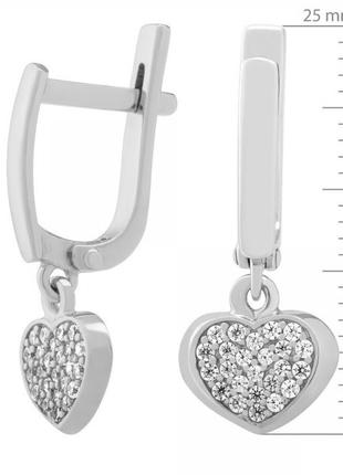 Срібні сережки сердечка з фіанітами родоване срібло 925 проба8 фото