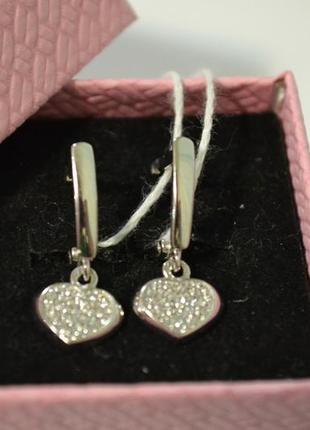 Серебряные сережки сердечки с фианитам родированное серебро 9254 фото