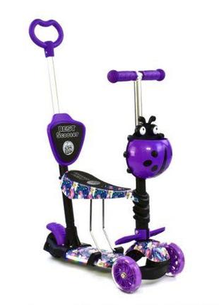 Уцінка. дитячий самокат 5 в 1 "best scooter", квіточки, підсвічування платформи (фіолетовий) - тріснутий корпус спереді ( на
