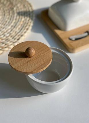 Конфета керамическая с бамбуковой крышкой емкость для конфет для сахара сахарница2 фото