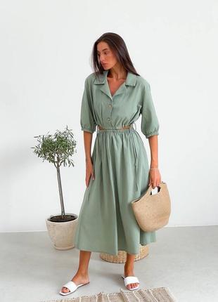 Sale до 11.05 льняное оливковое хаки платье миди1 фото