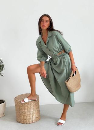 Sale до 11.05 льняное оливковое хаки платье миди2 фото