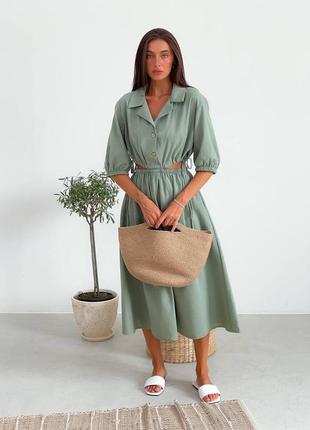 Sale до 11.05 льняное оливковое хаки платье миди10 фото
