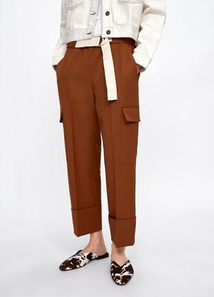 Штани штани карго висока талія з накладними кишенями і вилогами від zara4 фото