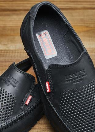 Літні мокасини туфлі чорні з натуральної перфорованої шкіри, мужские летние мокасины туфли levis6 фото
