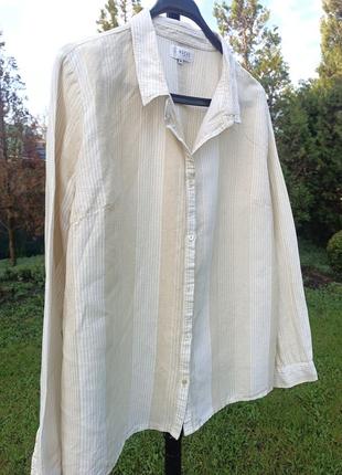 Бежевая льняная рубашка в белую полоску4 фото
