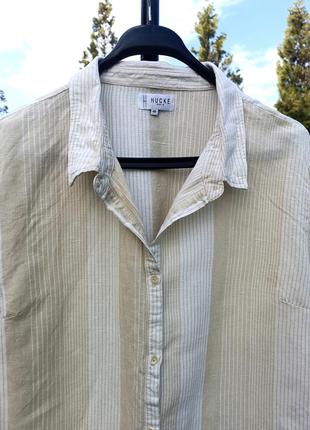 Бежевая льняная рубашка в белую полоску2 фото