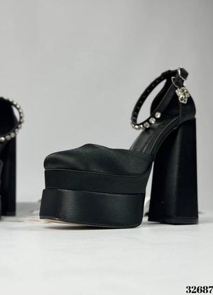 Туфли братец на высоком каблуке с камушками стразиками на ремешке черные атласные 32687