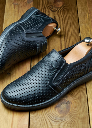 Літні мокасини туфлі чорні з натуральної перфорованої шкіри, мужские летние мокасины туфли barzoni2 фото