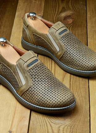 Літні мокасини туфлі олива з натуральної перфорованої шкіри, мужские летние мокасины туфли barzoni цвет коричневый5 фото