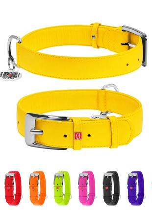 Ошейник для собак кожаный waudog glamour с qr паспортом, без украшений, ш 35 мм, дл 46-60 см желтый