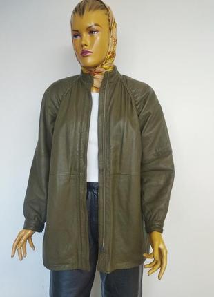 Вінтажна деміжсезонна шкіряна куртка бомпер плащ жакет піджак укорочений тренч колір зелений оливковий s xs m2 фото