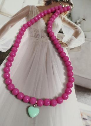 Колье из розовых бусин бусы ожерелье подвеска сердце кулон сердечко2 фото