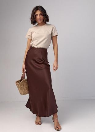 Атласная юбка с высокой талией - коричневый цвет, s (есть размеры)3 фото