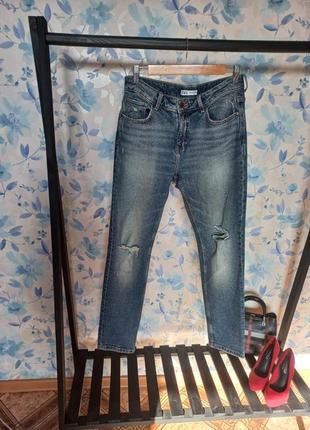 Джинсы, синие джинсы, джинсы zara, прямые джинсы, джинсы с рваностями1 фото