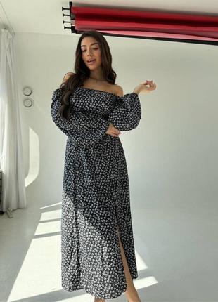 Платье платье летнее черное белое цветочный принт длинный длинный рукав декольте открытые...