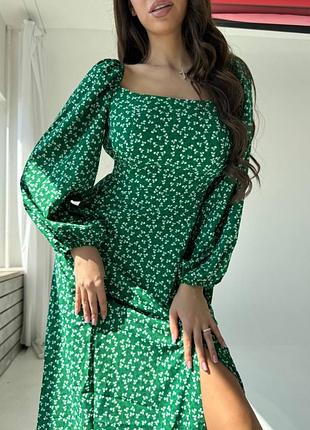 Сукня плаття літнє зелене смарагдове ізумрудне біле квітковий принт довге довгий рукав декольте відкриті плечі вільне