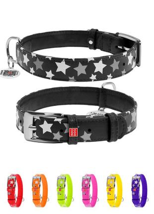 Ошейник для собак кожаный waudog glamour с qr паспортом, узор "звёздочка", светящийся/светоотражающий, ш 20
