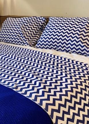 Комплект постільної білизни полуторний blue zigzag з натуральної бавовни ранфорс 150х210 см