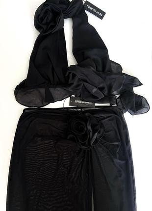 Костюм комплект сетка юбка с разрезом на ноге топ роза чокер на шеи черный с plt4 фото