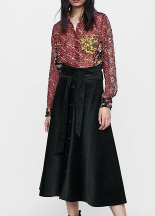 Вельветова спідниця міді zara/темно-зелена вельветова спідниця на ґудзиках5 фото