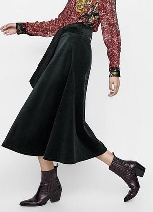 Вельветова спідниця міді zara/темно-зелена вельветова спідниця на ґудзиках7 фото