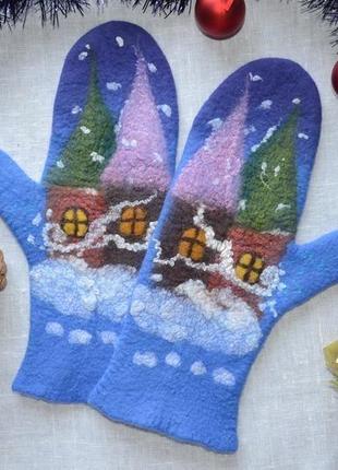 Валяные варежки сказка нового года, женские варежки с рисунком