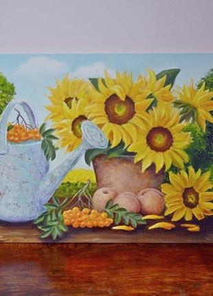 Картина маслом натюрморт лійка і соняшники6 фото