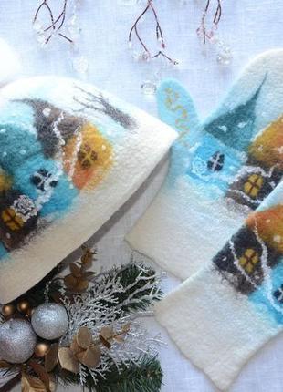 Комплект шапочка валяная и варежки зимняя сказка цвет мятный лед1 фото