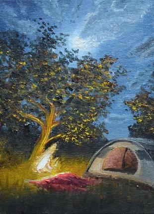 Поход с палатками в лунную ночь, картина маслом 15*20 см