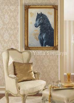 Интерьерная картина ар-нуво черный конь и золотые яблоки 50*70 см4 фото