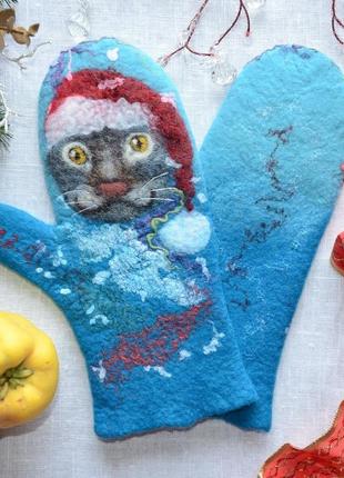 Валяні рукавиці з котиками, новорічні котики3 фото