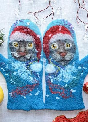 Валяні рукавиці з котиками, новорічні котики