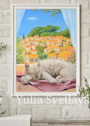 Картина маслом кот на окне 30*40, спящий кот, портрет кошки.