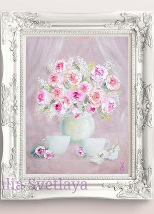 Букет роз в вазе нежная картина маслом 24*30 см1 фото