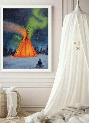Картина маслом северное сияние, вигвам, зимний лес, ночной лес 15*20 см2 фото