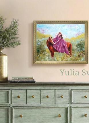 Картина маслом девушка с лошадью 25*20 см