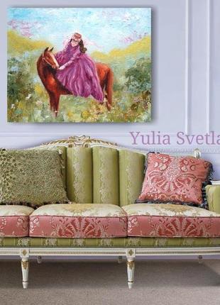 Картина маслом девушка с лошадью 25*20 см