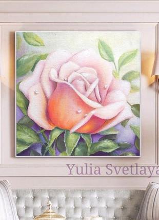 Картина маслом роза с капельками росы 20*20 см1 фото